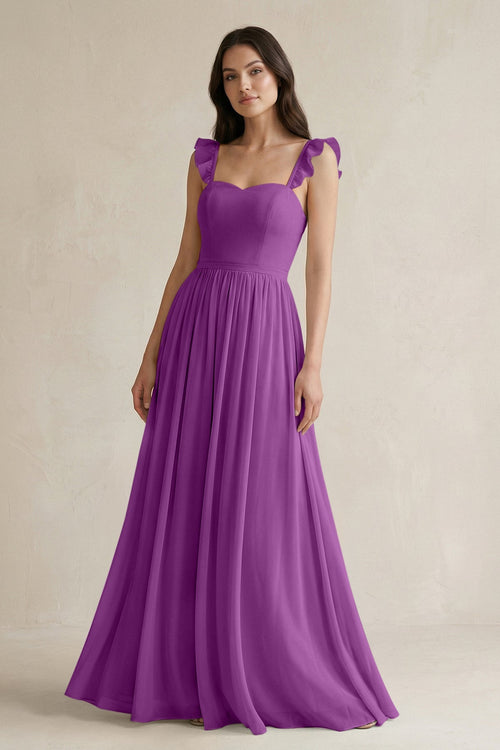 Ruffled Spaghetti Strap Chiffon A - Line Bridesmaid Dress in Amethyst - KissProm Bridesmaid Dresses