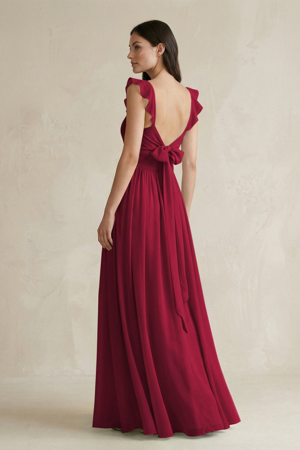 Ruffled Spaghetti Strap Chiffon A - Line Bridesmaid Dress in Berry - KissProm Bridesmaid Dresses