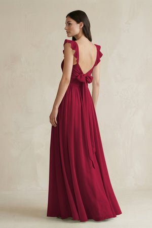 Ruffled Spaghetti Strap Chiffon A - Line Bridesmaid Dress in Berry - KissProm Bridesmaid Dresses