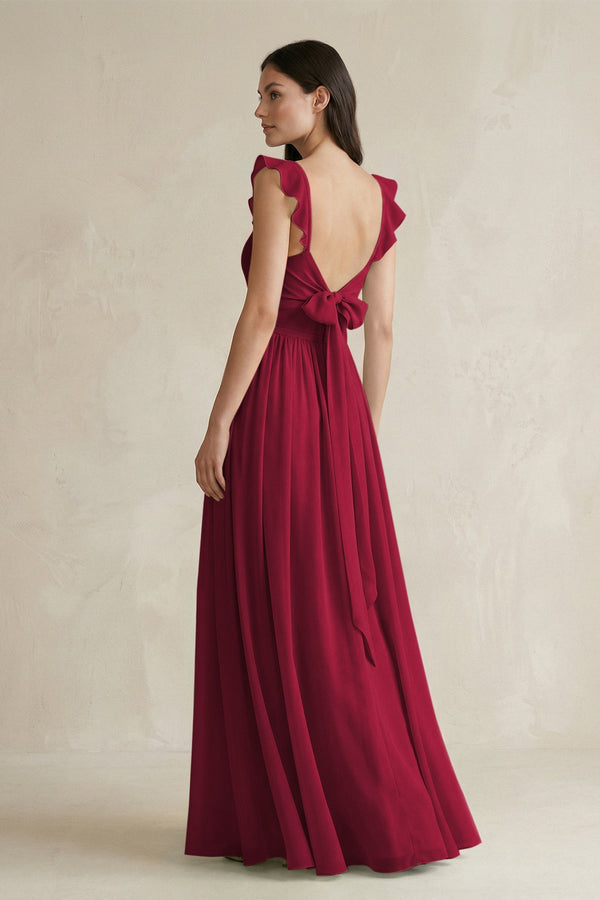 Ruffled Spaghetti Strap Chiffon A - Line Bridesmaid Dress in Berry - KissProm Bridesmaid Dresses
