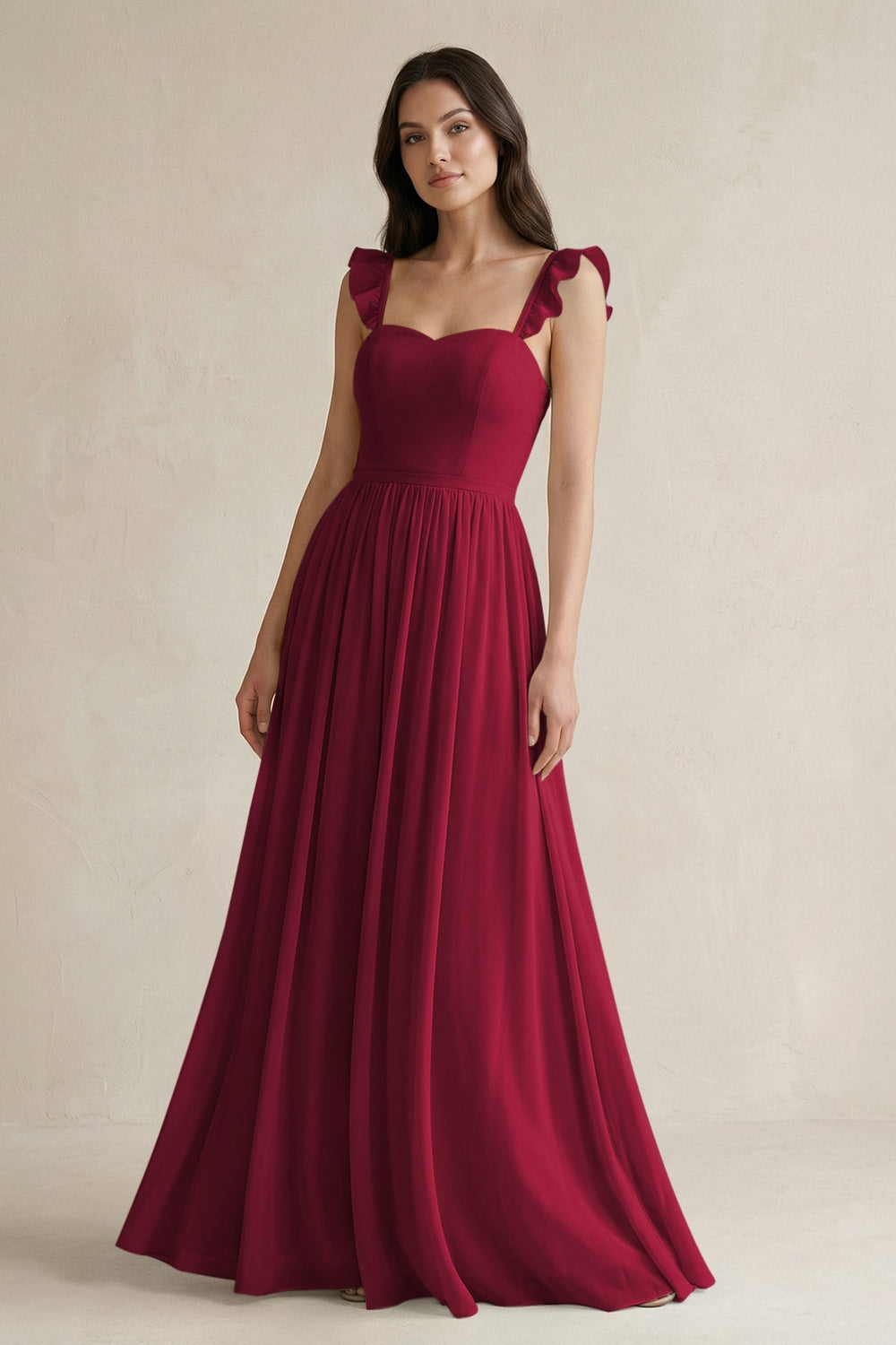 Ruffled Spaghetti Strap Chiffon A - Line Bridesmaid Dress in Berry - KissProm Bridesmaid Dresses