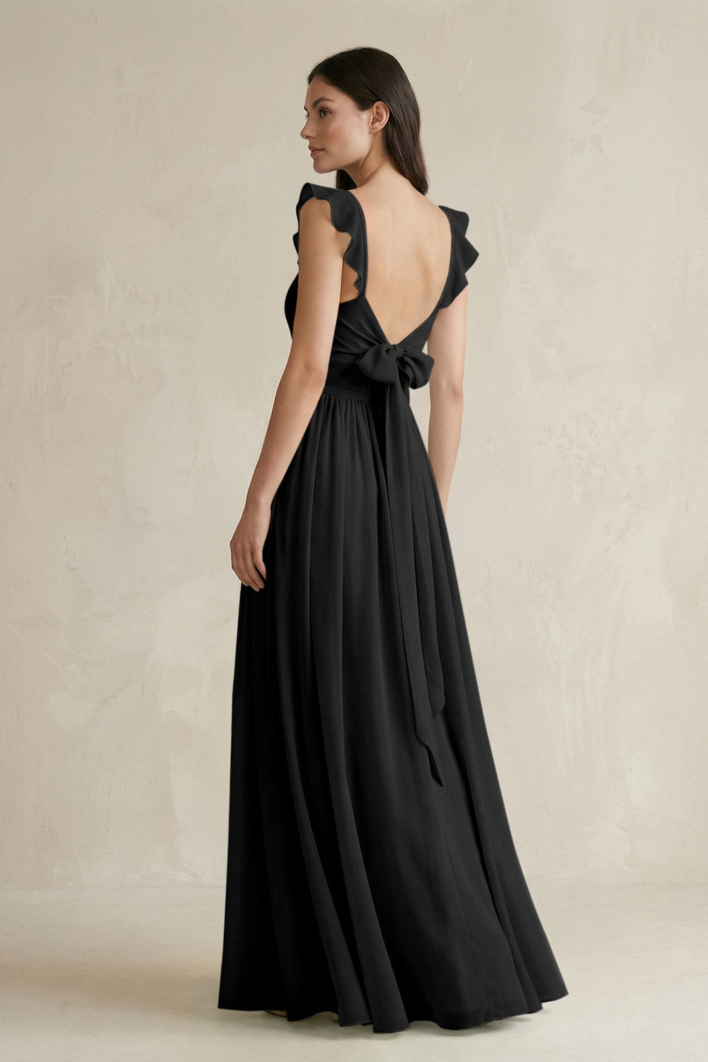 Ruffled Spaghetti Strap Chiffon A - Line Bridesmaid Dress in Black - KissProm Bridesmaid Dresses