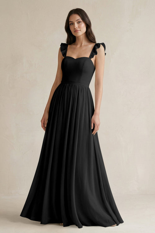 KissProm Ruffled Spaghetti Strap Chiffon A-Line Bridesmaid Dress in Black, Black / 8