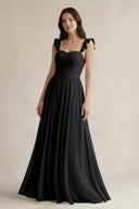Ruffled Spaghetti Strap Chiffon A - Line Bridesmaid Dress in Black - KissProm Bridesmaid Dresses