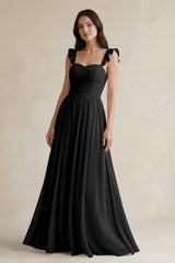 Ruffled Spaghetti Strap Chiffon A - Line Bridesmaid Dress in Black - KissProm Bridesmaid Dresses