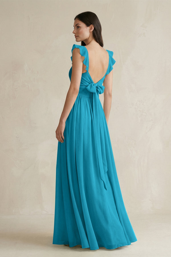 Ruffled Spaghetti Strap Chiffon A - Line Bridesmaid Dress in Blue Jay - KissProm Bridesmaid Dresses