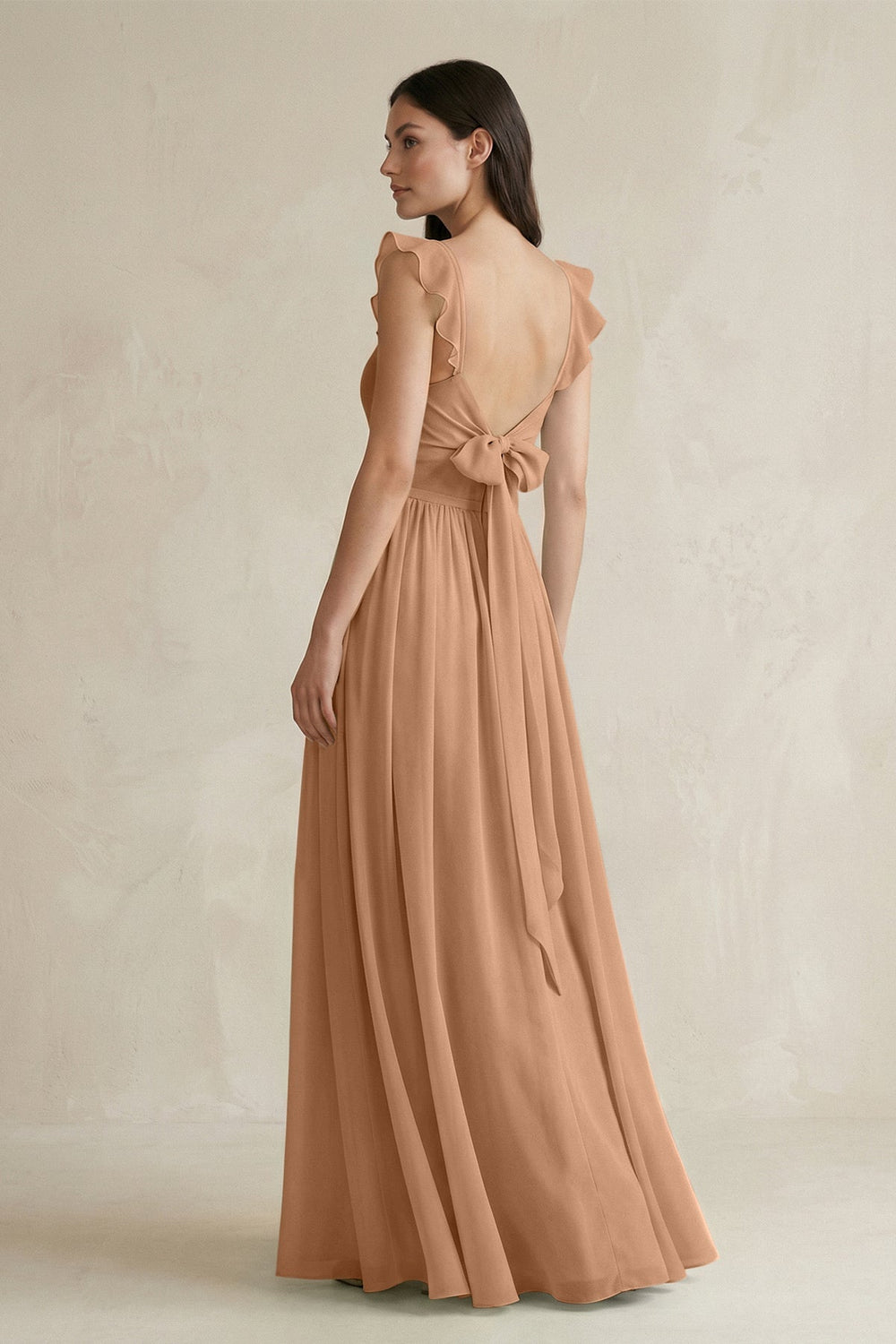 Ruffled Spaghetti Strap Chiffon A - Line Bridesmaid Dress in Bronzer - KissProm Bridesmaid Dresses