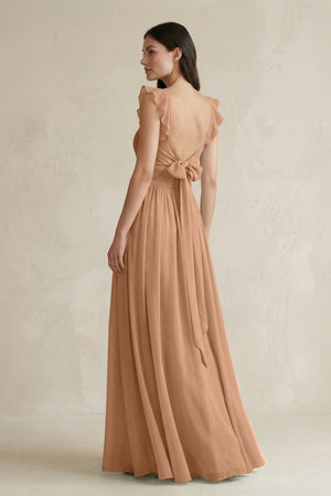 Ruffled Spaghetti Strap Chiffon A - Line Bridesmaid Dress in Bronzer - KissProm Bridesmaid Dresses