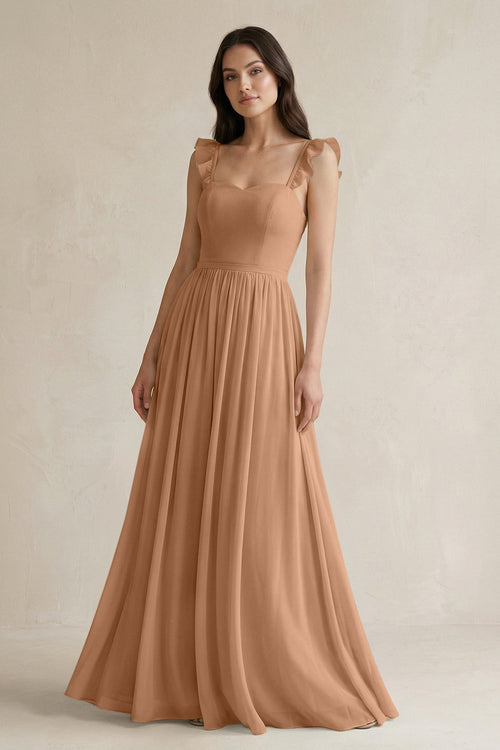 Ruffled Spaghetti Strap Chiffon A - Line Bridesmaid Dress in Bronzer - KissProm Bridesmaid Dresses