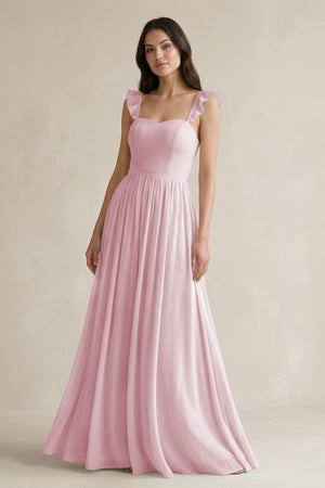 Ruffled Spaghetti Strap Chiffon A - Line Bridesmaid Dress in Candy Pink - KissProm Bridesmaid Dresses