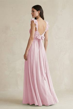 Ruffled Spaghetti Strap Chiffon A - Line Bridesmaid Dress in Candy Pink - KissProm Bridesmaid Dresses