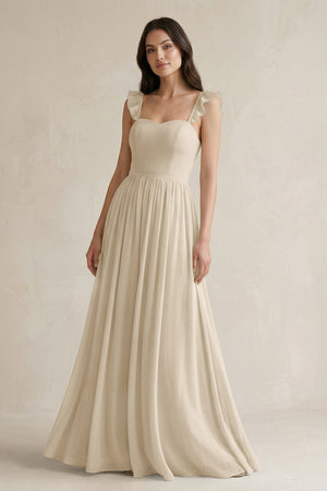 Ruffled Spaghetti Strap Chiffon A - Line Bridesmaid Dress in Champagne - KissProm Bridesmaid Dresses