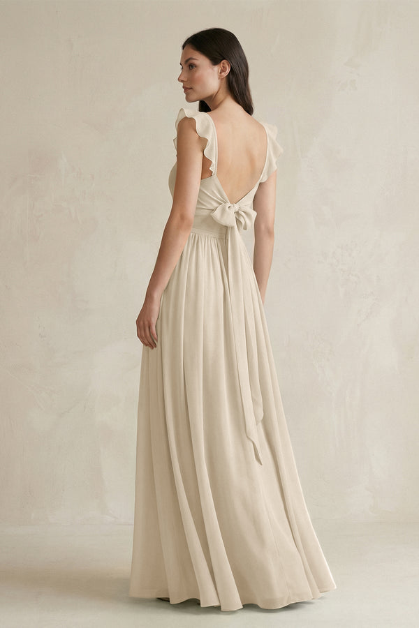 KissProm Ruffled Spaghetti Strap Chiffon A-Line Bridesmaid Dress in Champagne, Champagne / 0