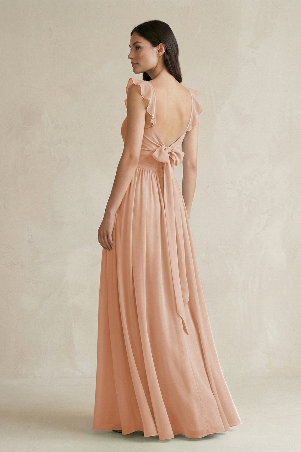 Ruffled Spaghetti Strap Chiffon A - Line Bridesmaid Dress in Champagne Rose - KissProm Bridesmaid Dresses