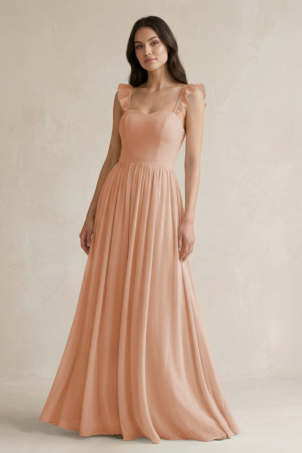 Ruffled Spaghetti Strap Chiffon A - Line Bridesmaid Dress in Champagne Rose - KissProm Bridesmaid Dresses