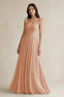 Ruffled Spaghetti Strap Chiffon A - Line Bridesmaid Dress in Champagne Rose - KissProm Bridesmaid Dresses