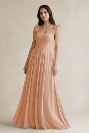 Ruffled Spaghetti Strap Chiffon A - Line Bridesmaid Dress in Champagne Rose - KissProm Bridesmaid Dresses