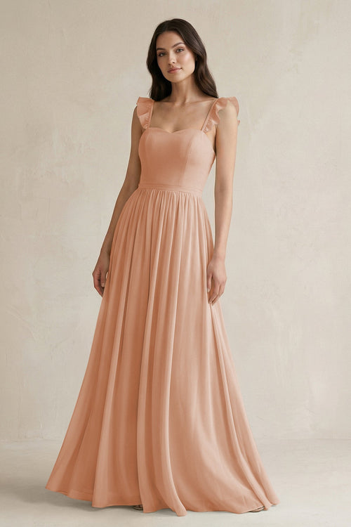 Ruffled Spaghetti Strap Chiffon A - Line Bridesmaid Dress in Champagne Rose - KissProm Bridesmaid Dresses