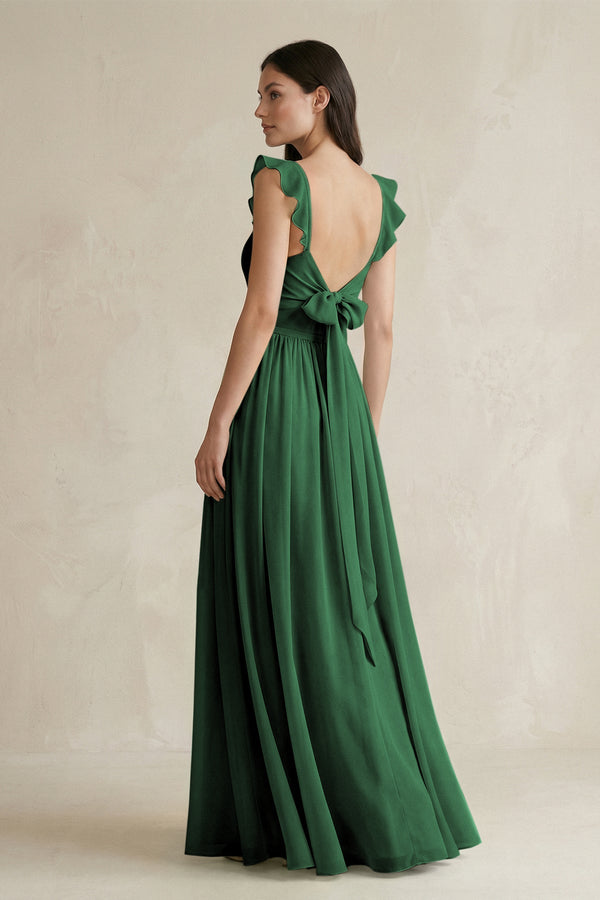 Ruffled Spaghetti Strap Chiffon A - Line Bridesmaid Dress in Dark Green - KissProm Bridesmaid Dresses