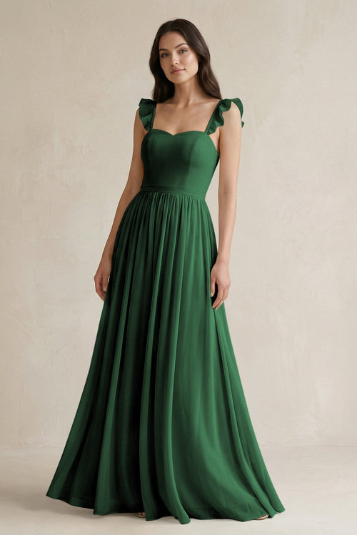Ruffled Spaghetti Strap Chiffon A - Line Bridesmaid Dress in Dark Green - KissProm Bridesmaid Dresses