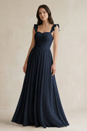 Ruffled Spaghetti Strap Chiffon A - Line Bridesmaid Dress in Dark Navy - KissProm Bridesmaid Dresses