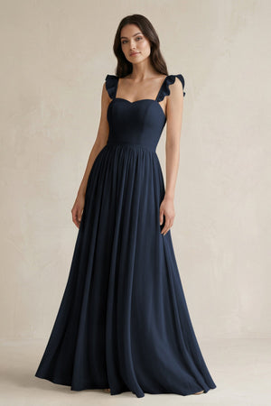 Ruffled Spaghetti Strap Chiffon A - Line Bridesmaid Dress in Dark Navy - KissProm Bridesmaid Dresses
