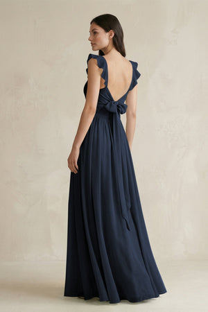 Ruffled Spaghetti Strap Chiffon A - Line Bridesmaid Dress in Dark Navy - KissProm Bridesmaid Dresses
