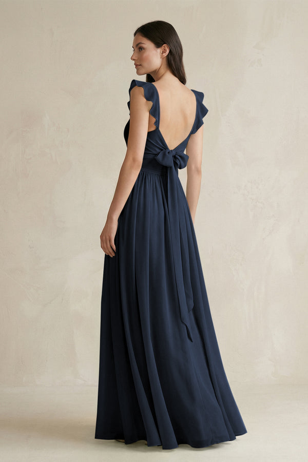 Ruffled Spaghetti Strap Chiffon A-Line Bridesmaid Dress in Dark Navy, Dark Navy / 2 Ruffled Spaghetti Strap Chiffon A-Line Bridesmaid Dress in Dark Navy, Dark Navy / 2