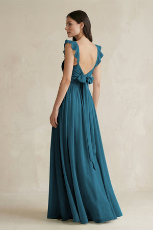 Ruffled Spaghetti Strap Chiffon A - Line Bridesmaid Dress in Dark Teal - KissProm Bridesmaid Dresses