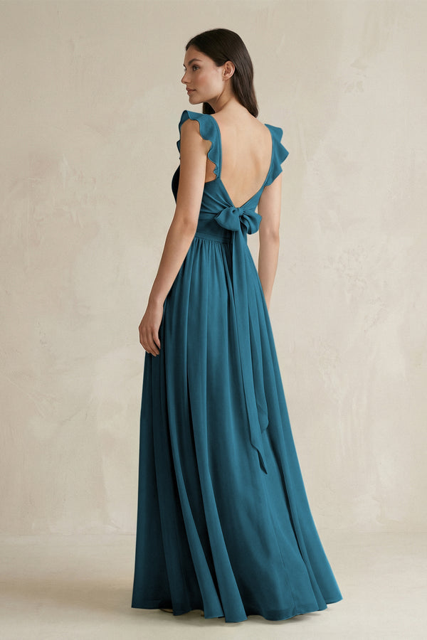 Ruffled Spaghetti Strap Chiffon A - Line Bridesmaid Dress in Dark Teal - KissProm Bridesmaid Dresses