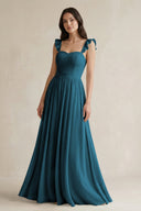 Ruffled Spaghetti Strap Chiffon A - Line Bridesmaid Dress in Dark Teal - KissProm Bridesmaid Dresses