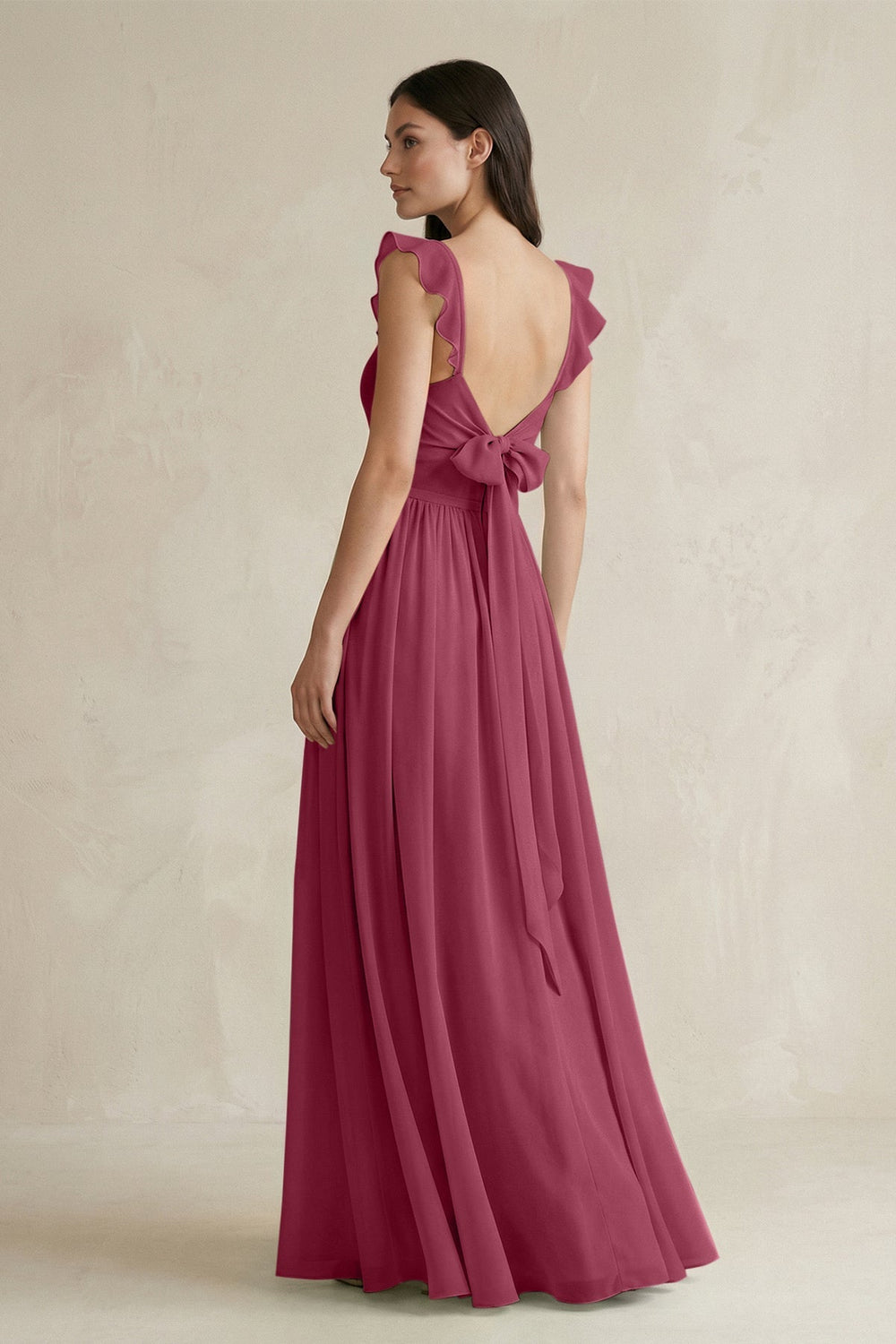 Ruffled Spaghetti Strap Chiffon A - Line Bridesmaid Dress in Desert Rose - KissProm Bridesmaid Dresses