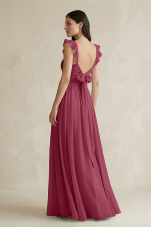Ruffled Spaghetti Strap Chiffon A - Line Bridesmaid Dress in Desert Rose - KissProm Bridesmaid Dresses