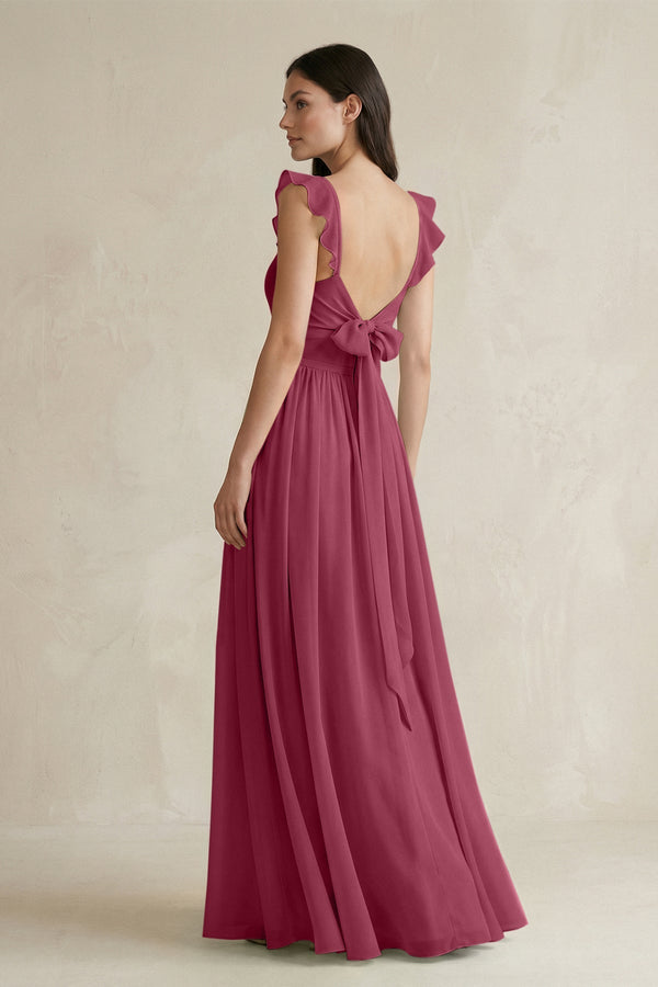 Ruffled Spaghetti Strap Chiffon A - Line Bridesmaid Dress in Desert Rose - KissProm Bridesmaid Dresses