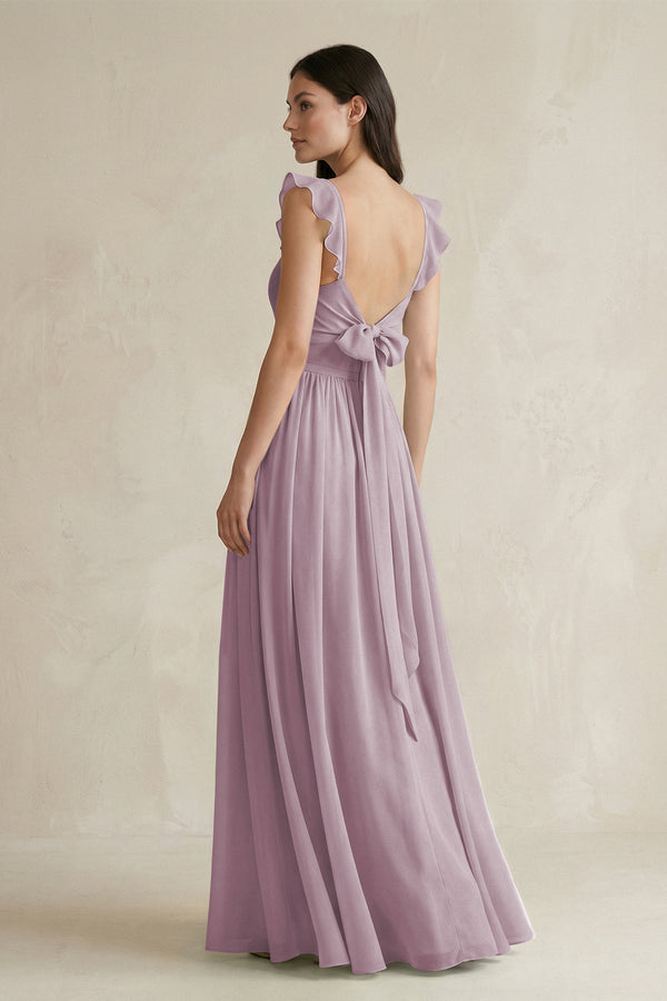 Ruffled Spaghetti Strap Chiffon A - Line Bridesmaid Dress in Dusk - KissProm Bridesmaid Dresses