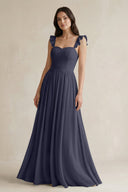 Ruffled Spaghetti Strap Chiffon A - Line Bridesmaid Dress in Dusk Blue - KissProm Bridesmaid Dresses