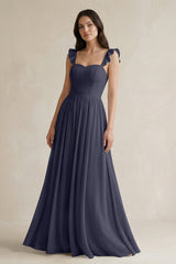 Ruffled Spaghetti Strap Chiffon A - Line Bridesmaid Dress in Dusk Blue - KissProm Bridesmaid Dresses
