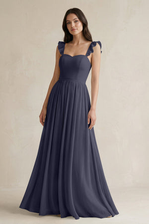 Ruffled Spaghetti Strap Chiffon A - Line Bridesmaid Dress in Dusk Blue - KissProm Bridesmaid Dresses