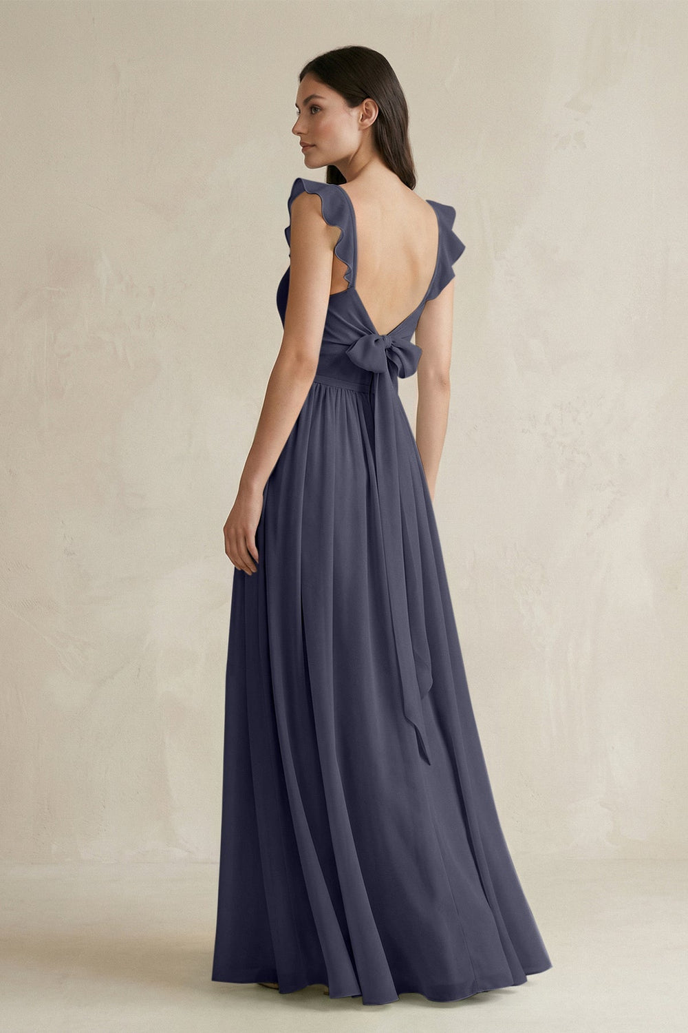 Ruffled Spaghetti Strap Chiffon A - Line Bridesmaid Dress in Dusk Blue - KissProm Bridesmaid Dresses