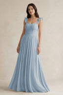 Ruffled Spaghetti Strap Chiffon A - Line Bridesmaid Dress in Dusty Blue - KissProm Bridesmaid Dresses