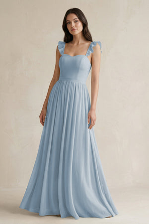 Ruffled Spaghetti Strap Chiffon A - Line Bridesmaid Dress in Dusty Blue - KissProm Bridesmaid Dresses
