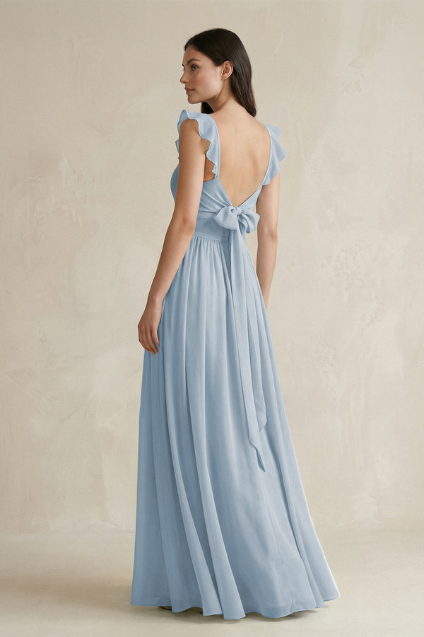 Ruffled Spaghetti Strap Chiffon A - Line Bridesmaid Dress in Dusty Blue - KissProm Bridesmaid Dresses