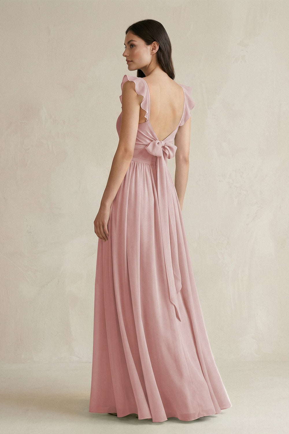 Ruffled Spaghetti Strap Chiffon A - Line Bridesmaid Dress in Dusty Rose - KissProm Bridesmaid Dresses