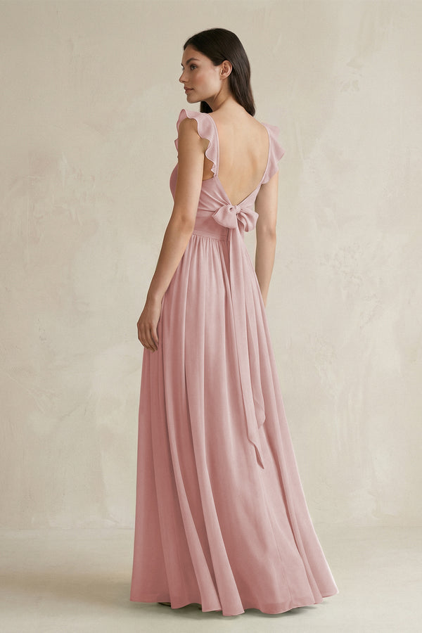 Ruffled Spaghetti Strap Chiffon A - Line Bridesmaid Dress in Dusty Rose - KissProm Bridesmaid Dresses