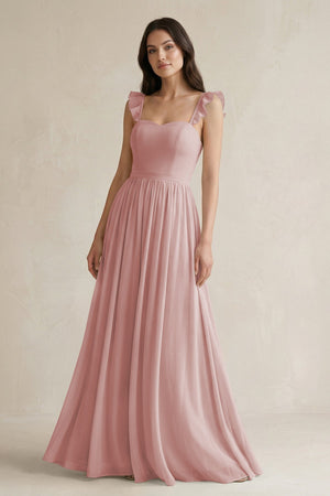 Ruffled Spaghetti Strap Chiffon A - Line Bridesmaid Dress in Dusty Rose - KissProm Bridesmaid Dresses
