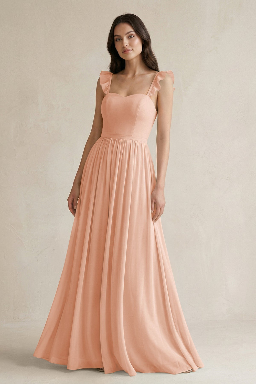Ruffled Spaghetti Strap Chiffon A - Line Bridesmaid Dress in English Rose - KissProm Bridesmaid Dresses