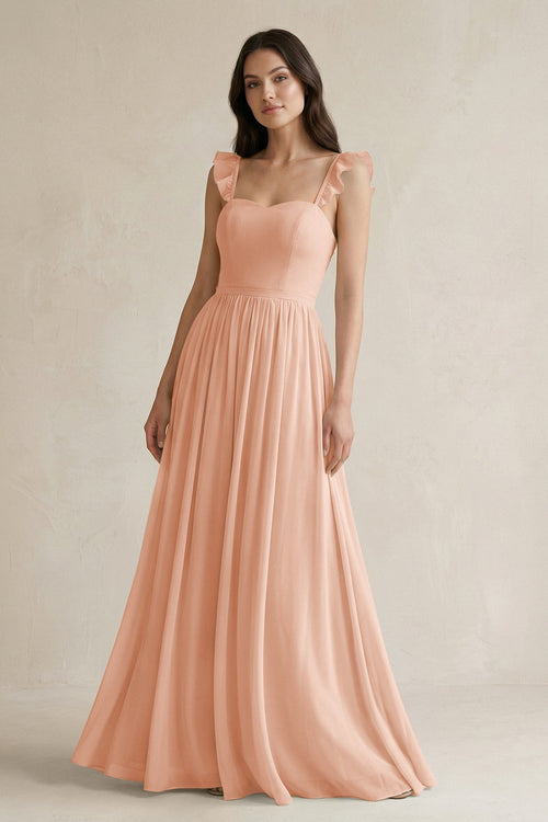 Ruffled Spaghetti Strap Chiffon A - Line Bridesmaid Dress in English Rose - KissProm Bridesmaid Dresses