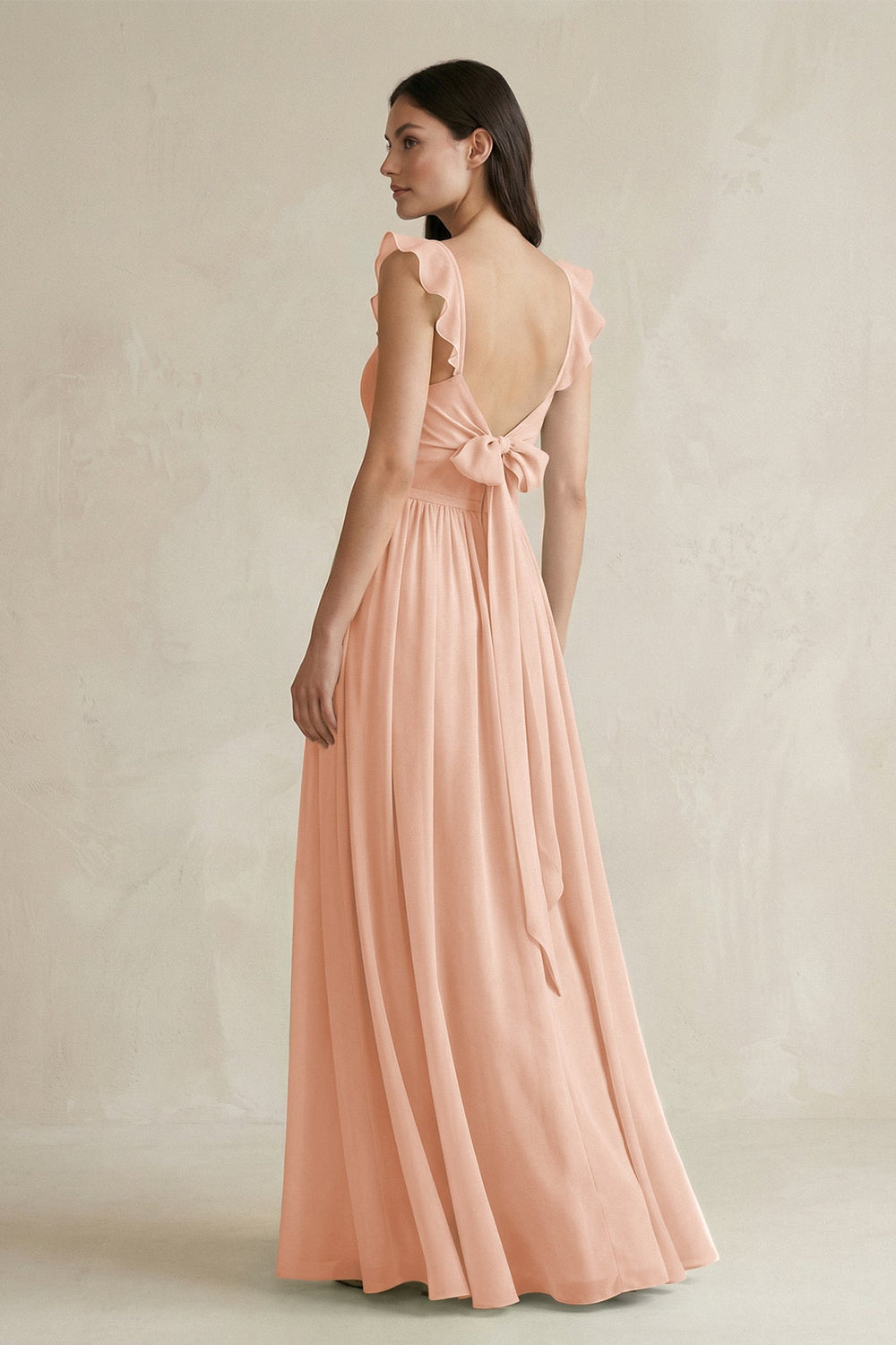 Ruffled Spaghetti Strap Chiffon A - Line Bridesmaid Dress in English Rose - KissProm Bridesmaid Dresses