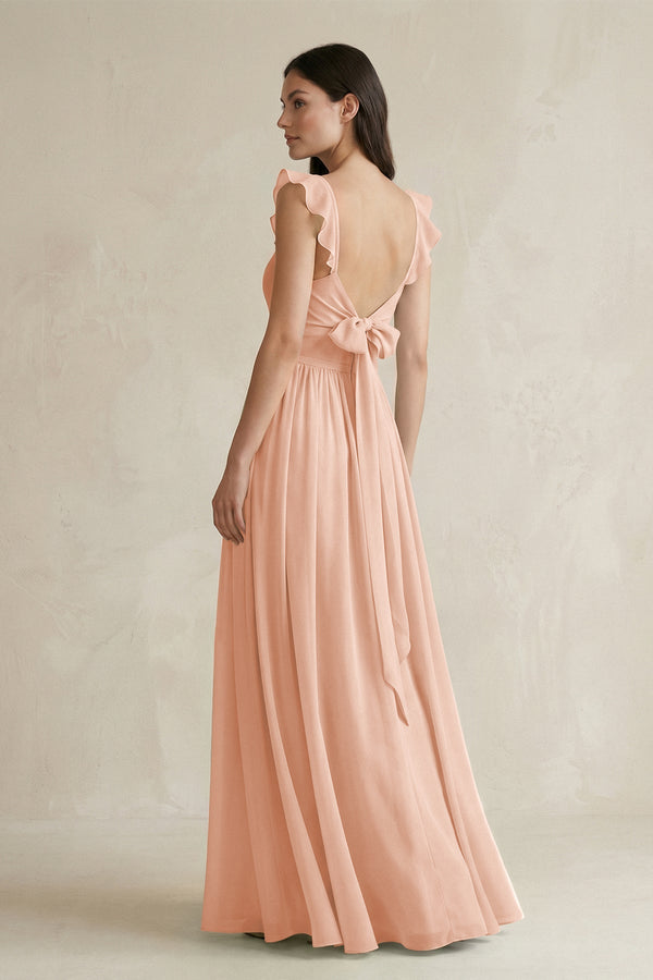 Ruffled Spaghetti Strap Chiffon A - Line Bridesmaid Dress in English Rose - KissProm Bridesmaid Dresses