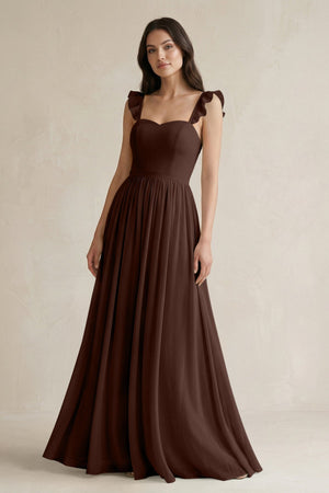 Ruffled Spaghetti Strap Chiffon A - Line Bridesmaid Dress in Espresso - KissProm Bridesmaid Dresses